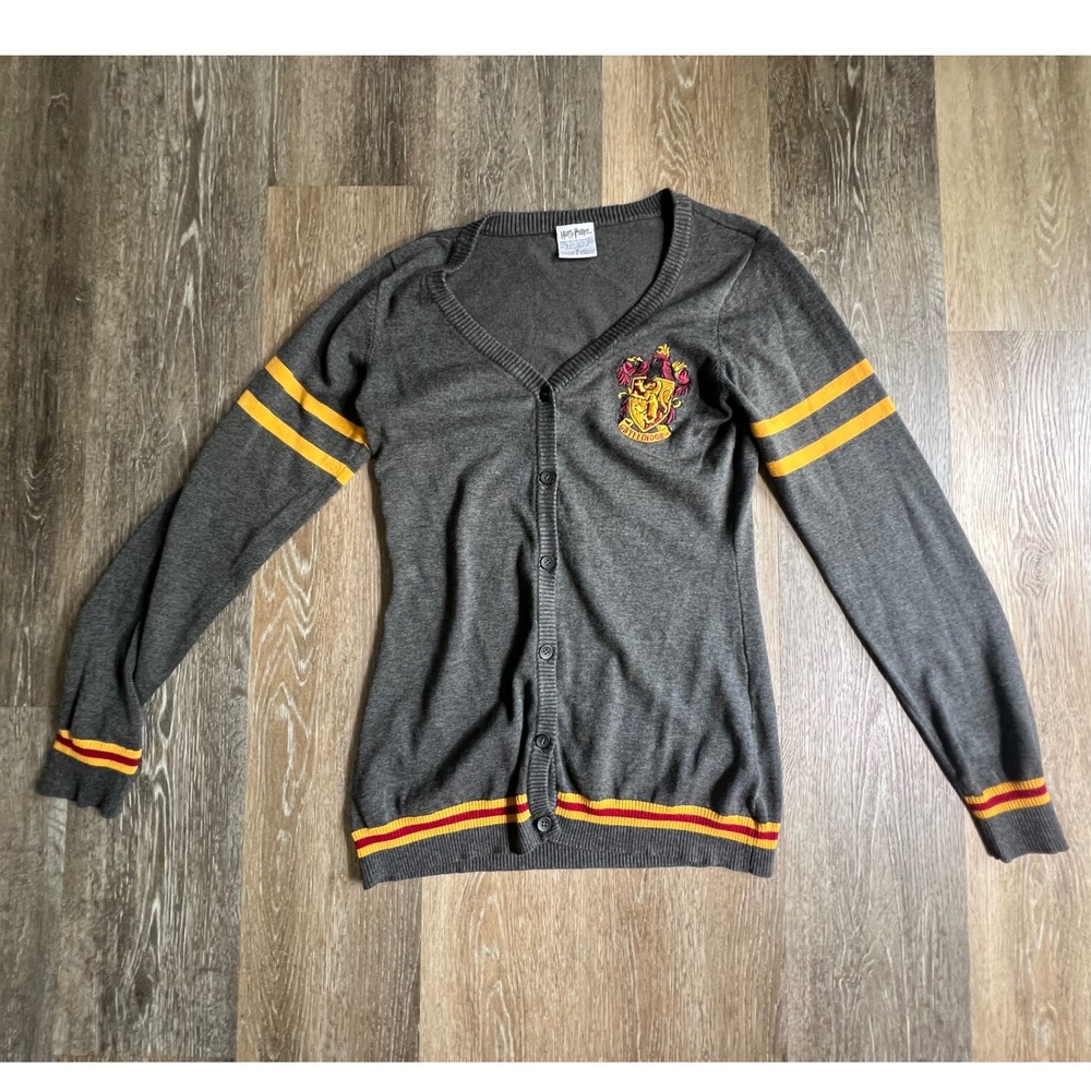 Harry Potter Gryffindor Cardigan Sweater Womens Size M Grey Varsity Stripe Knit